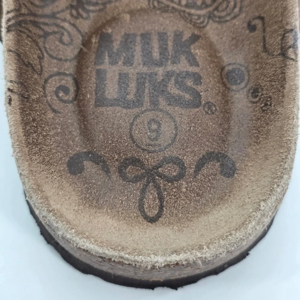 Muk Luks Slide Sandals Silver Multicolor Braided Metallic Cork Slip on Boho sz 9